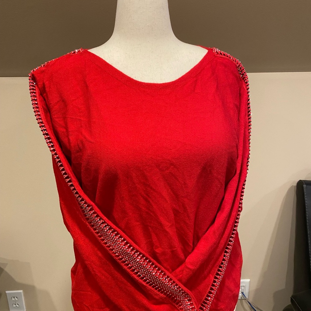 Chic Red Women's sweater with Beaded Cutout Trim down sleeves
